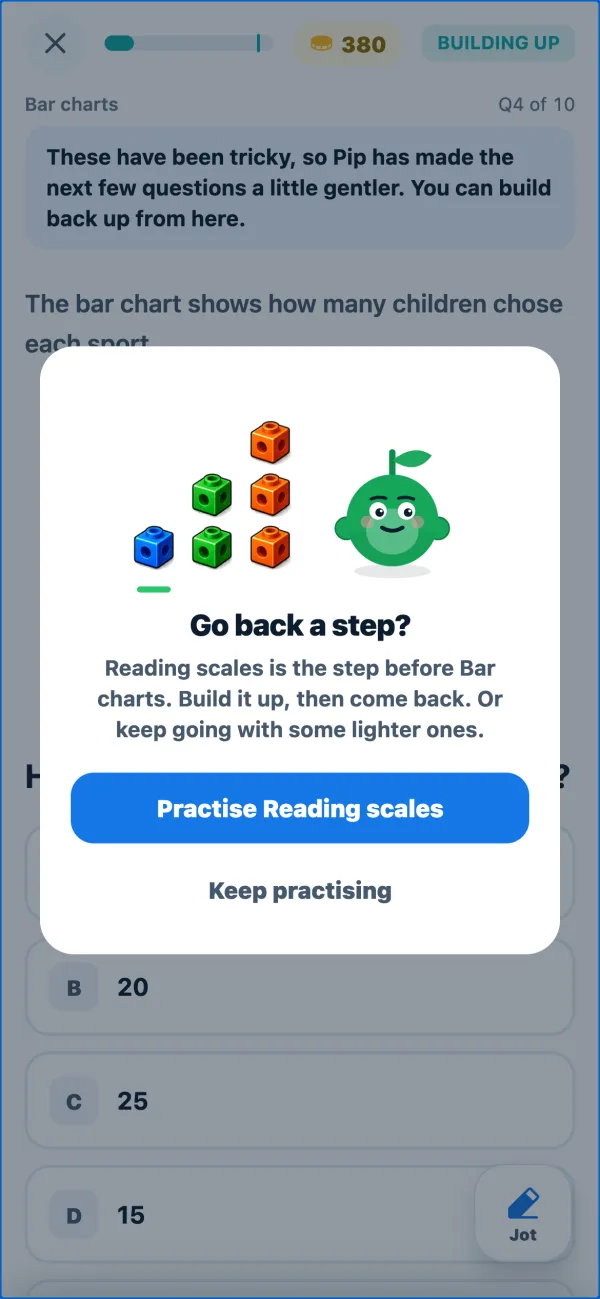 Pip offering to go back a step to a building block skill when a child is stuck