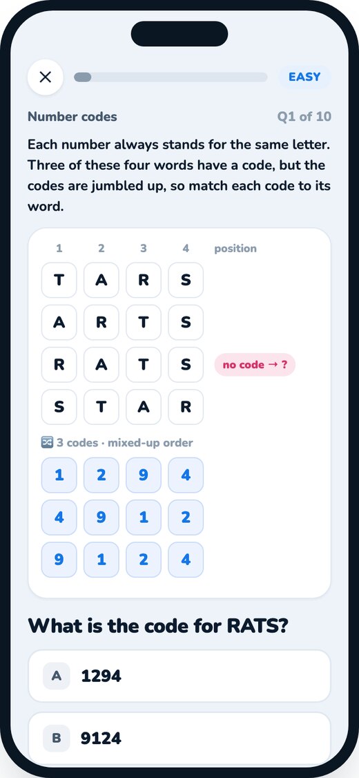 The Number codes game in the Pip app: match jumbled number codes to the words TARS, ARTS, RATS and STAR