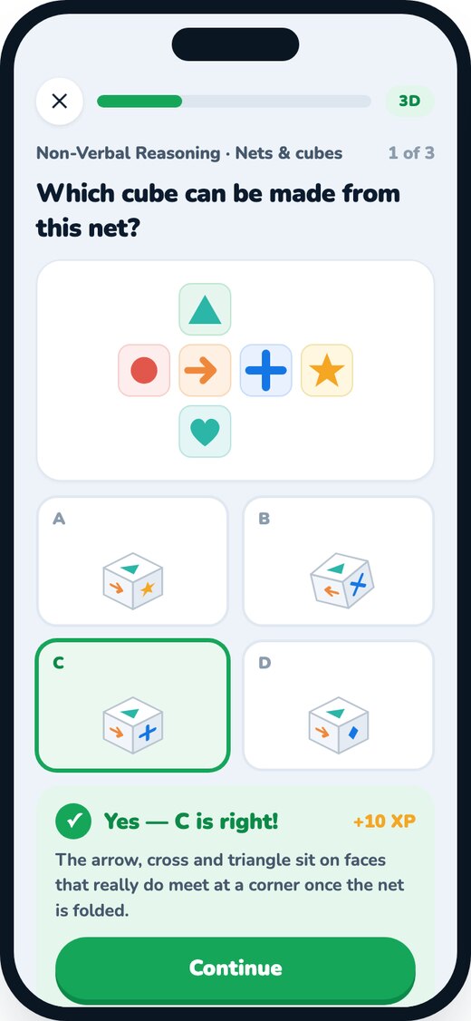 Pip app screen showing a 3D nets and cubes question