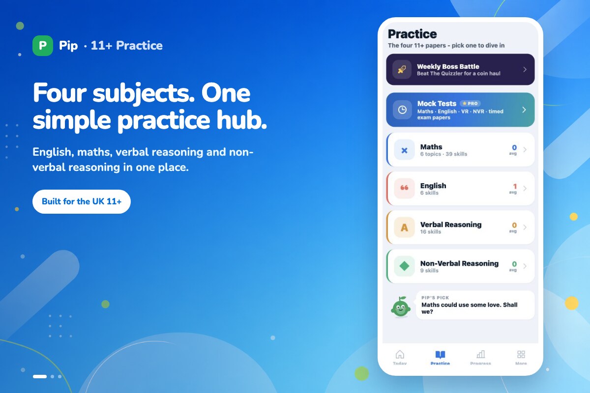 Pip 11+ Practice homepage or app screen