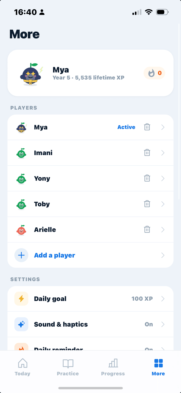 The Pip 11+ players list, showing five separate children on one plan with an Add a player button