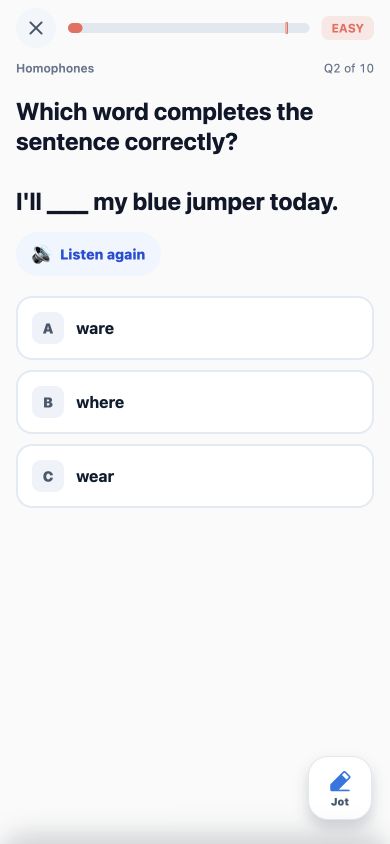 Real Pip English practice screen showing a homophones question