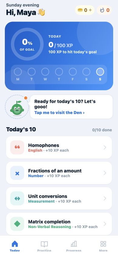 A personalised Kent Test practice plan in the Pip 11+ app