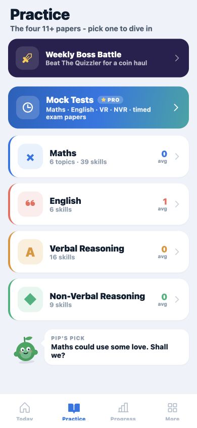 Pip practice hub covering English, maths and reasoning