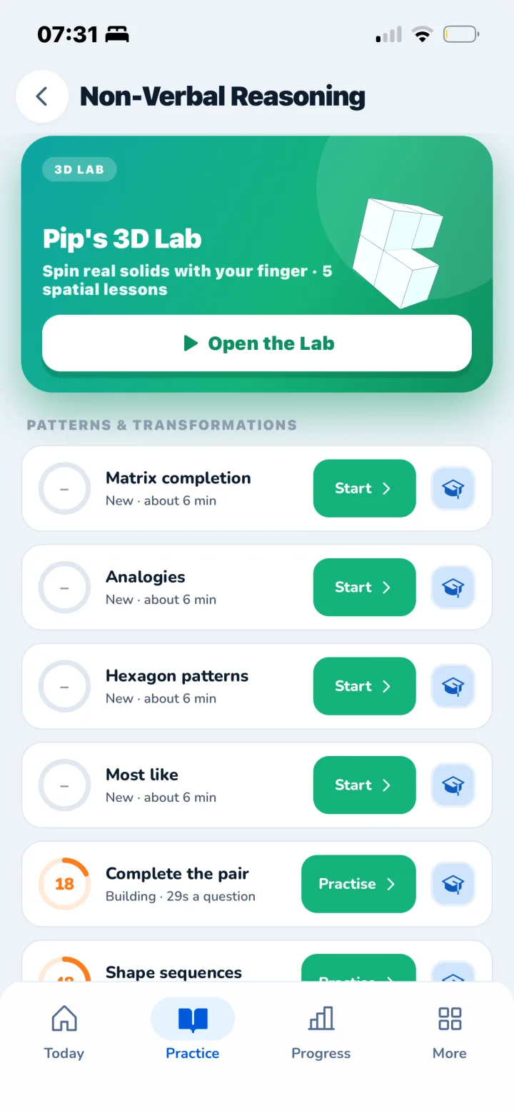 Real Pip app screen showing a non-verbal reasoning practice question