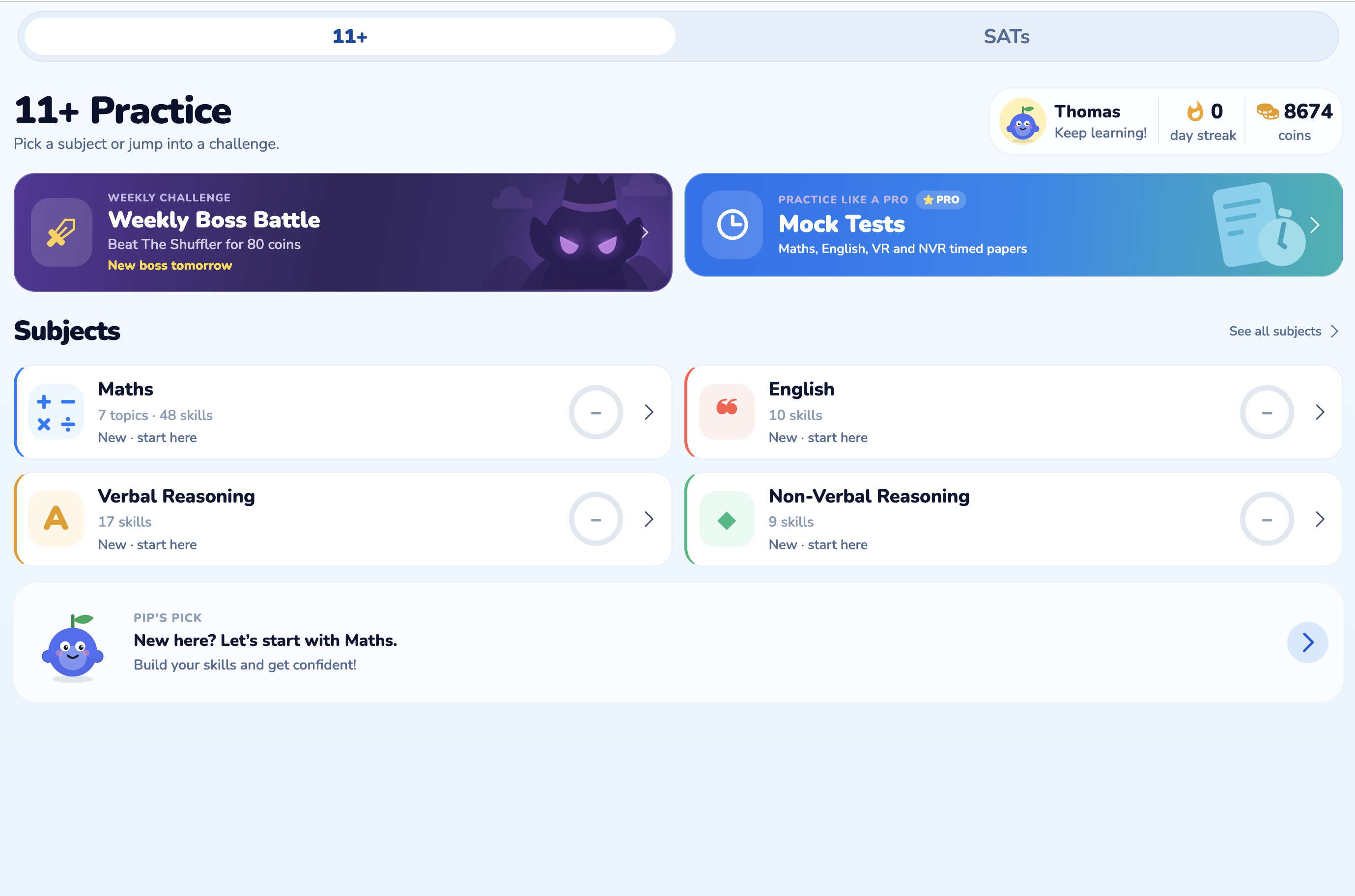 Pip 11+ Practice screen with subject choices and a suggested next activity