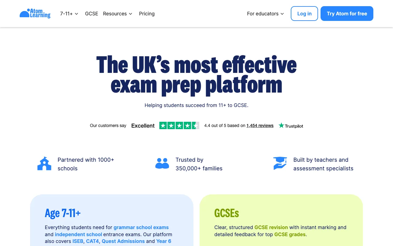 Atom Learning homepage, screenshot 6 Oct 2026
