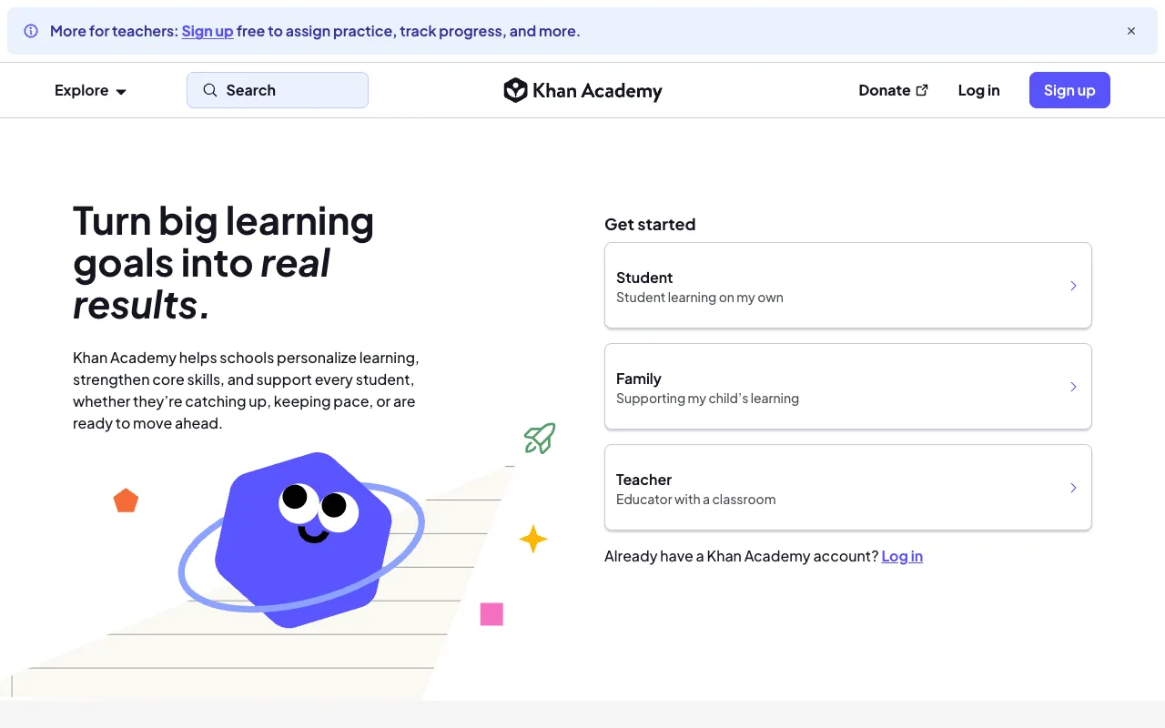 Khan Academy homepage, screenshot 6 Oct 2026