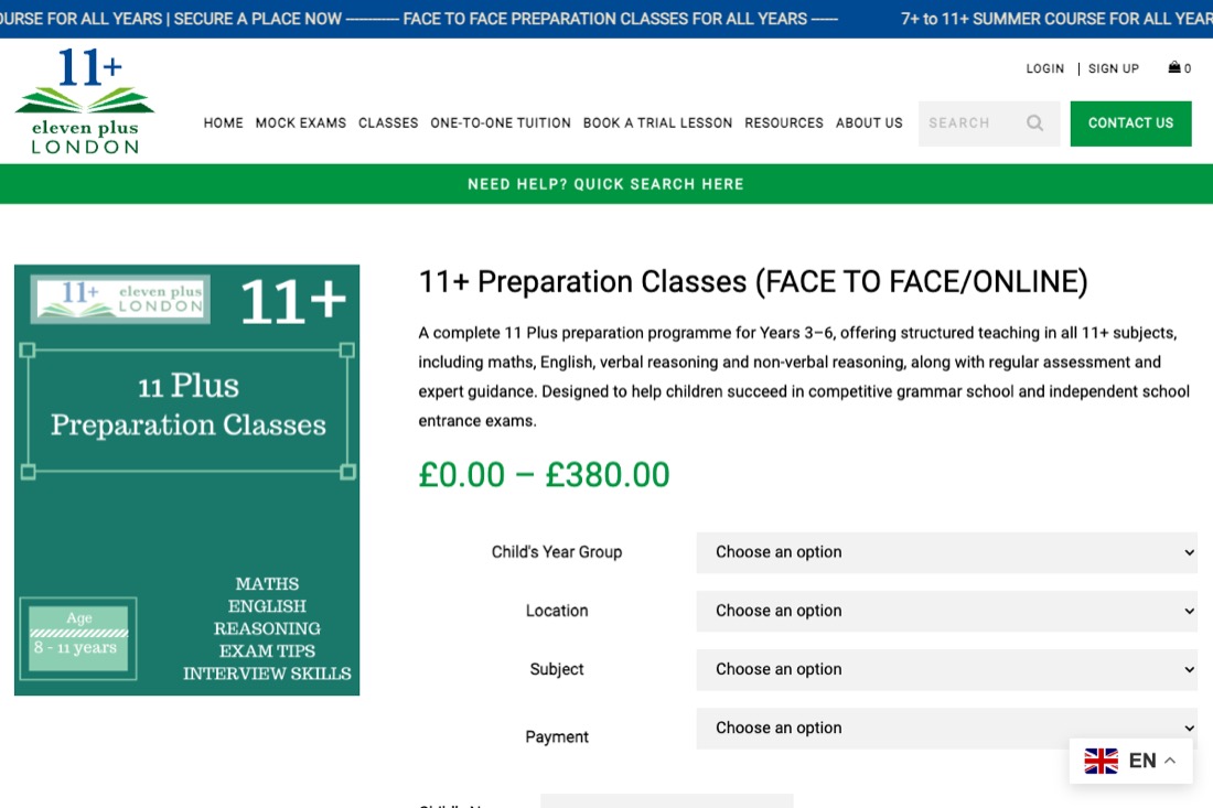 11 Plus London, Live Preparation Classes website homepage