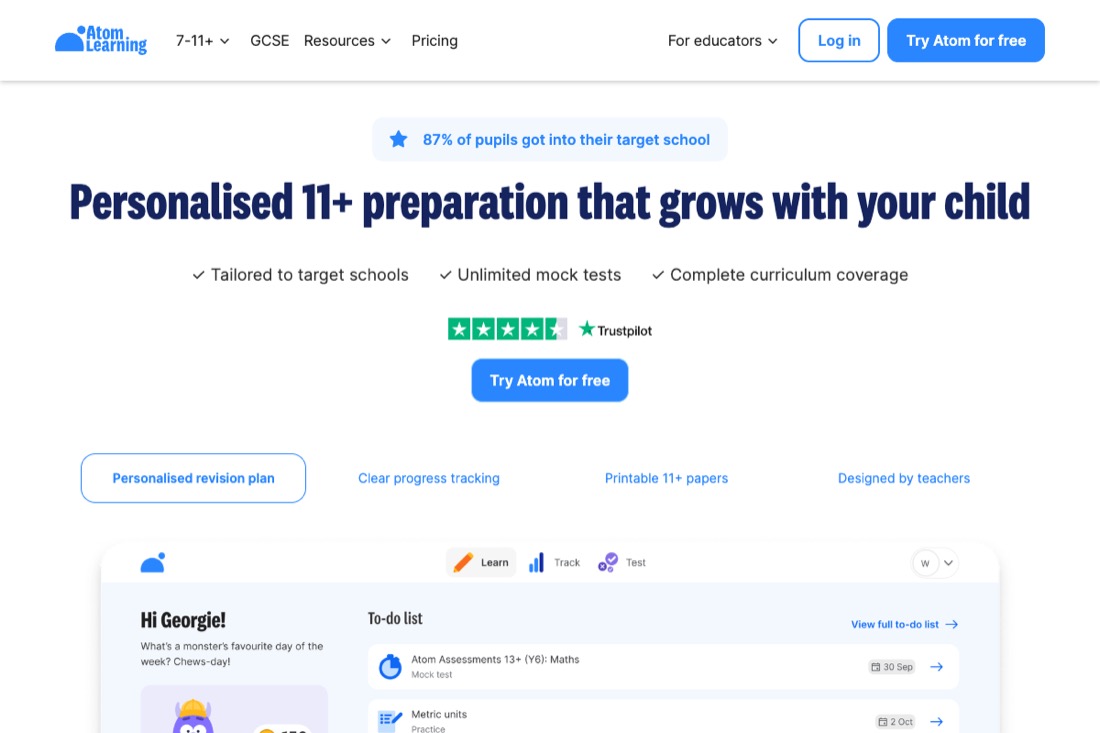 Atom Learning website homepage
