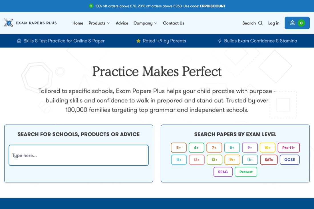Exam Papers Plus / Pretest Plus website homepage