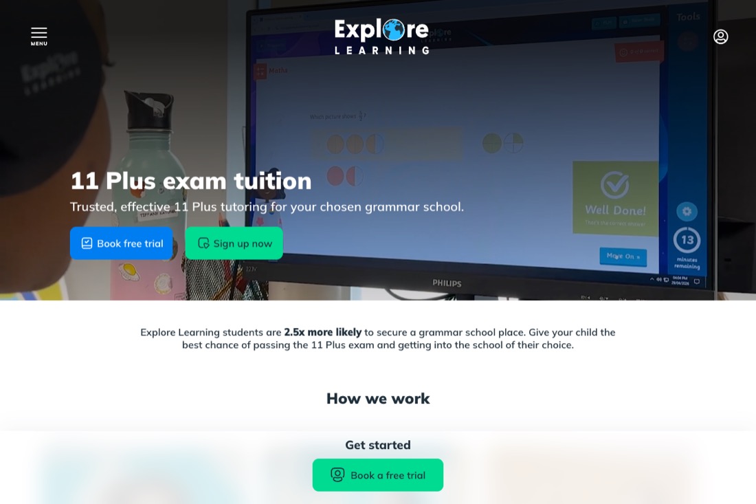 Explore Learning, 11+ Online Tuition website homepage