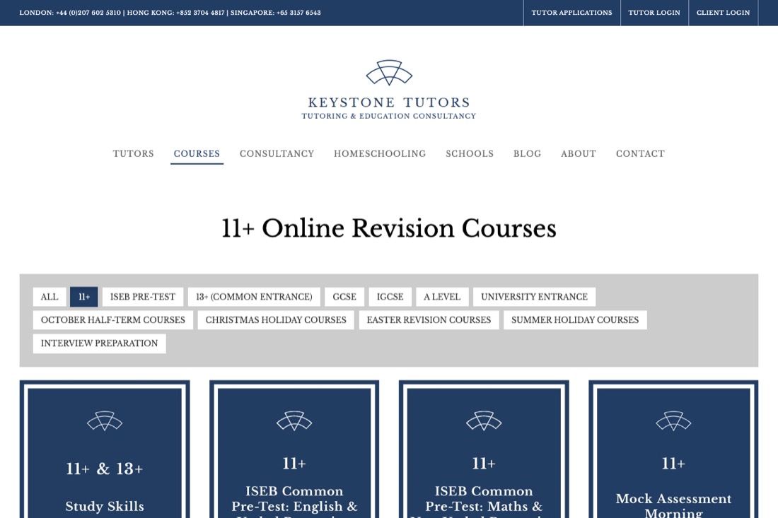 Keystone Tutors, 11+ Revision Courses website homepage