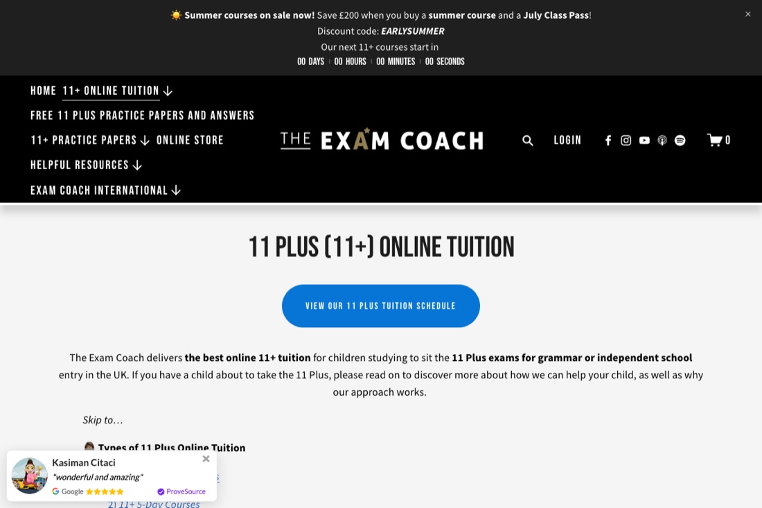 The Exam Coach, 11+ Online Workshops and 5-Day Courses website homepage