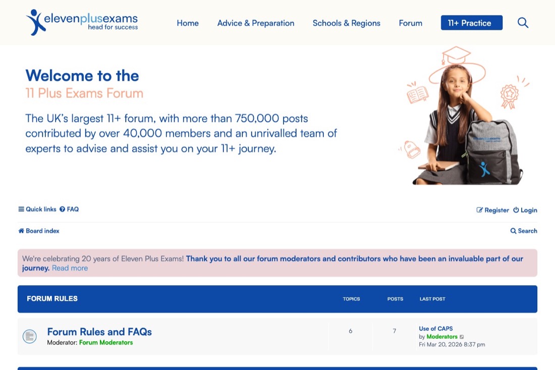 The Eleven Plus Exams Forum homepage and board index, showing the Forum Rules board with real topic and post counts
