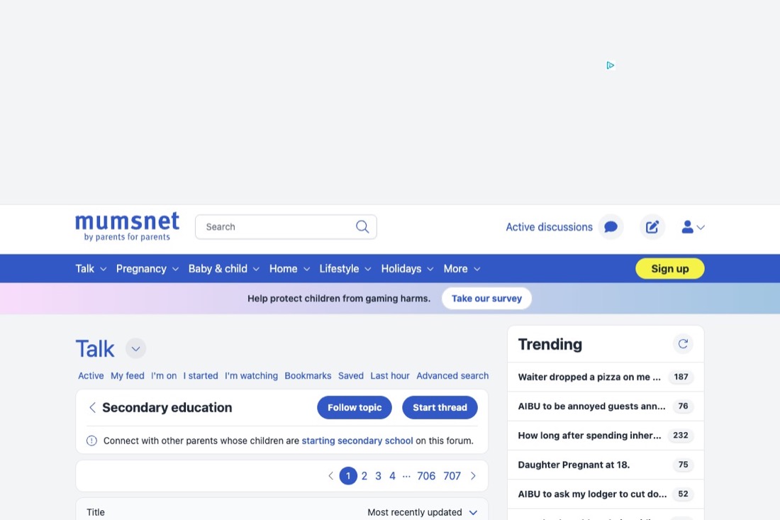 Mumsnet's Secondary Education talk board, showing the 11+ discussion threads and pagination running past 700 pages