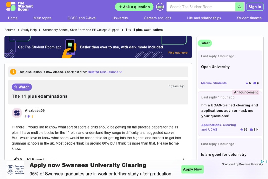A real 11+ discussion thread on The Student Room, filed under its general Secondary School support forum rather than a dedicated 11+ board