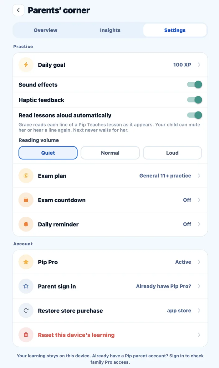 Pip app Settings screen in Parents' corner, showing the Account section with Pip Pro, Parent sign in, Restore store purchase and Reset this device's learning