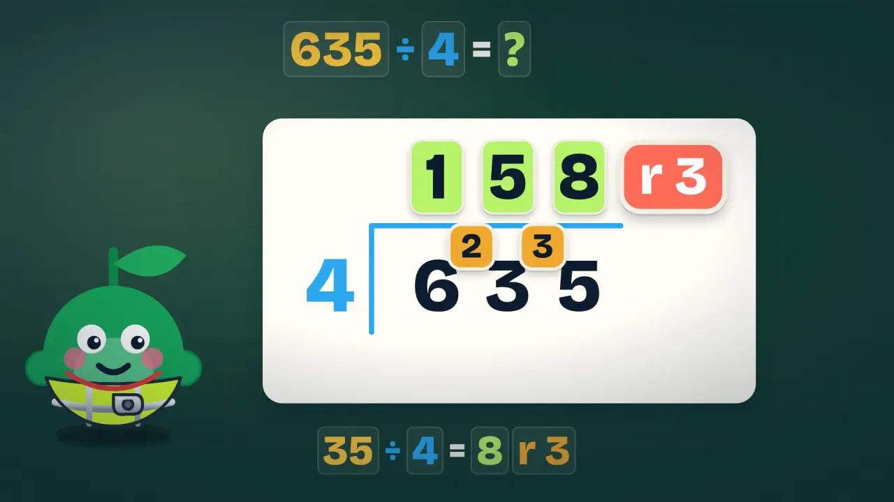 Pip next to the bus stop for 635 ÷ 4 = 158 r 3