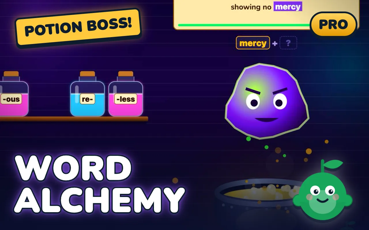 Word Alchemy game screen: Drop prefixes, base words and suffixes in the cauldron to brew new words.