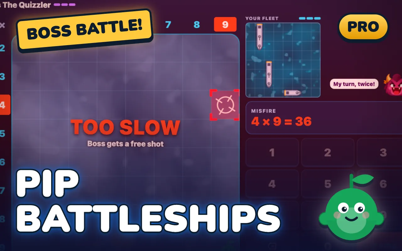 Battleships game screen: Pick a target, then crack the times table code to fire at the boss fleet.