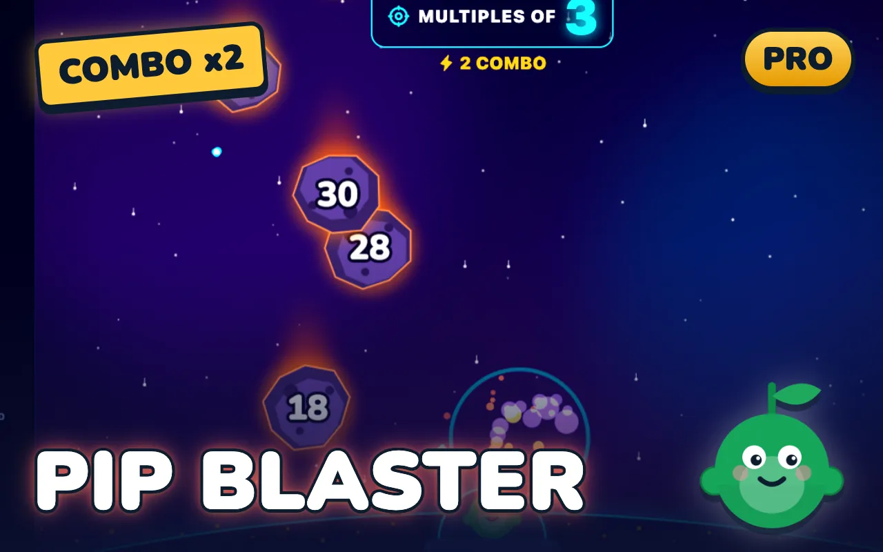 Factor Blaster game screen: Blast the meteors that are multiples or factors of the target number.