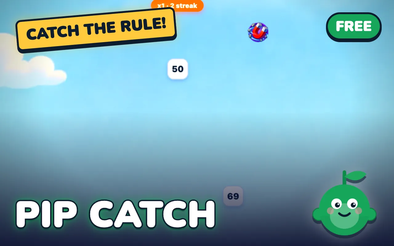 Pip Catch game screen: Move Pip under the falling numbers that fit the rule: primes, squares and more.