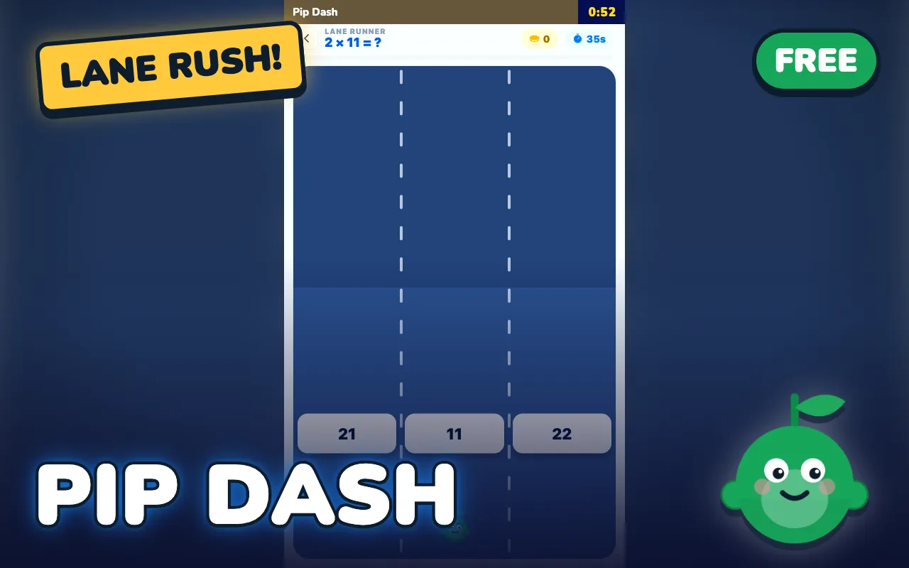 Pip Dash game screen: Steer Pip into the lane with the right answer before the fact rushes past.