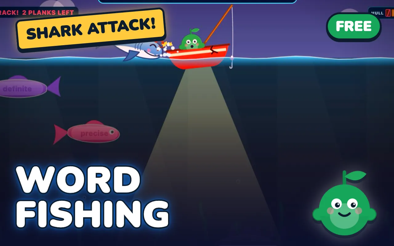 Vocab Fishing game screen: Read the clue, then hook the fish carrying the right word before the shark does.