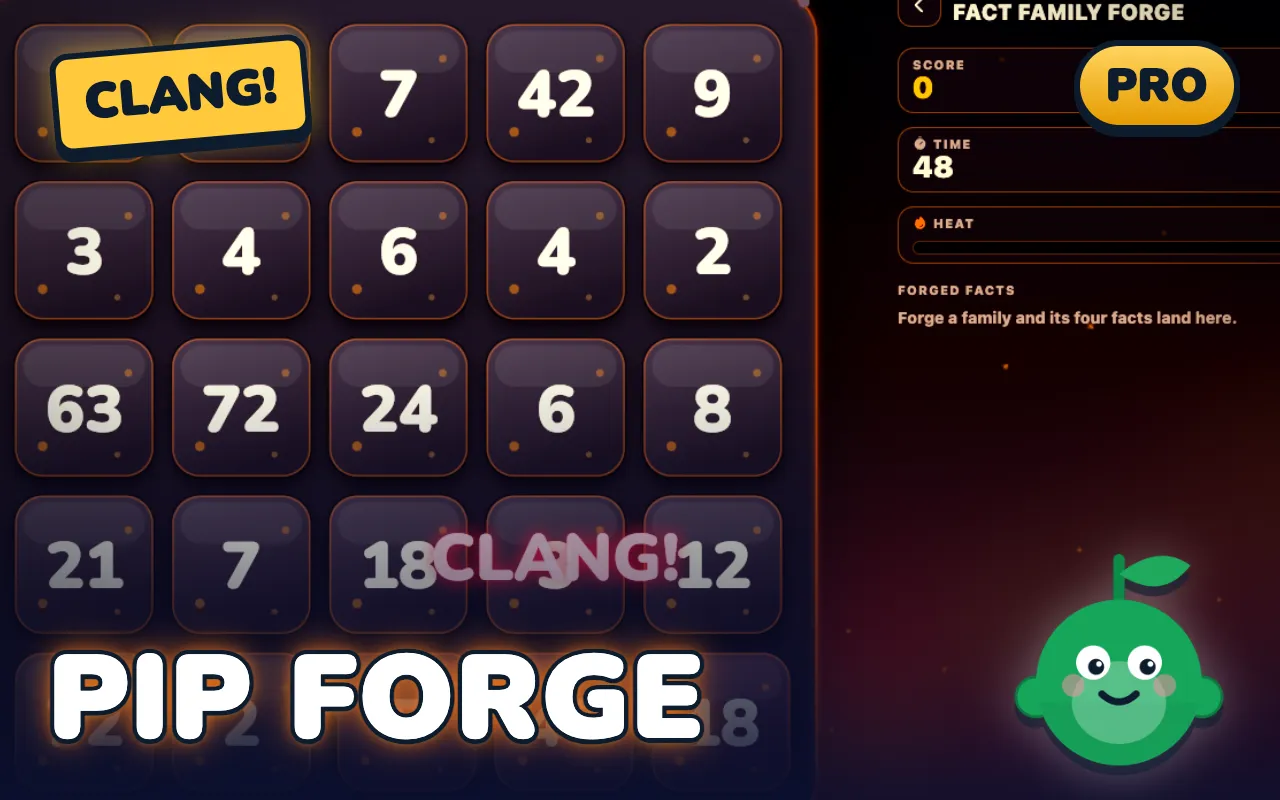 Fact Family Forge game screen: Chain two factors and their product to forge all four facts of a family.
