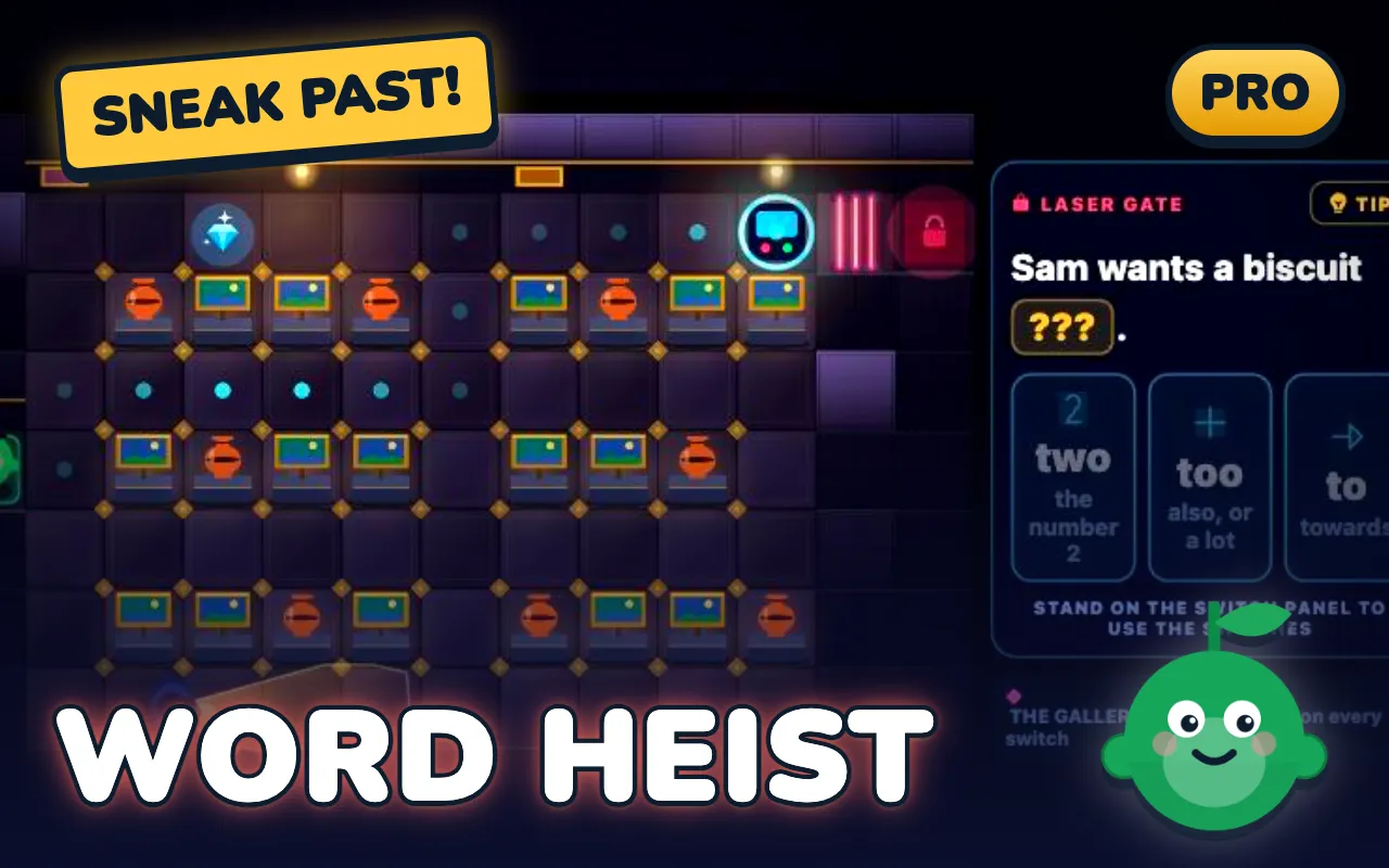 Homophone Heist game screen: Sneak to each laser gate and pick the homophone that fits the gap.