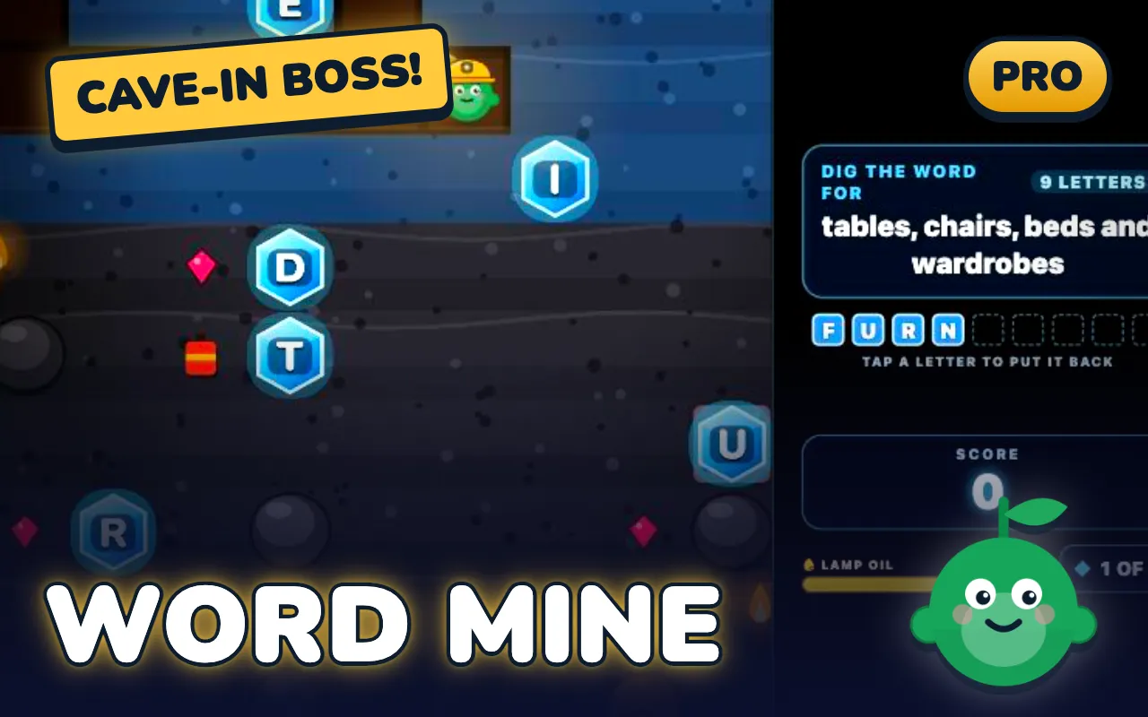 Word Mine game screen: Dig to the letter crystals and spell the word the clue describes.