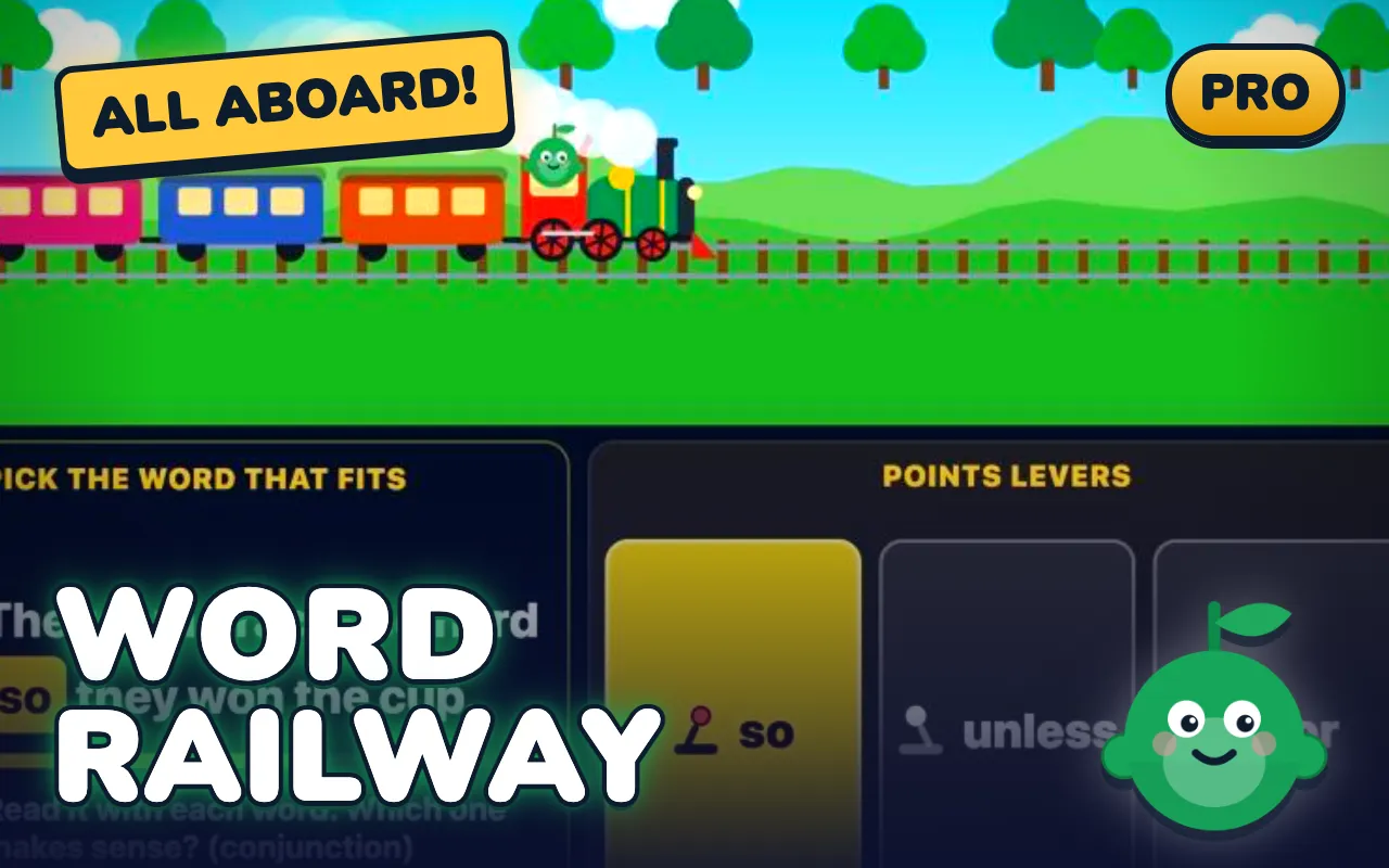 Sentence Railway game screen: Load the word carriages in order and flip the points in time.