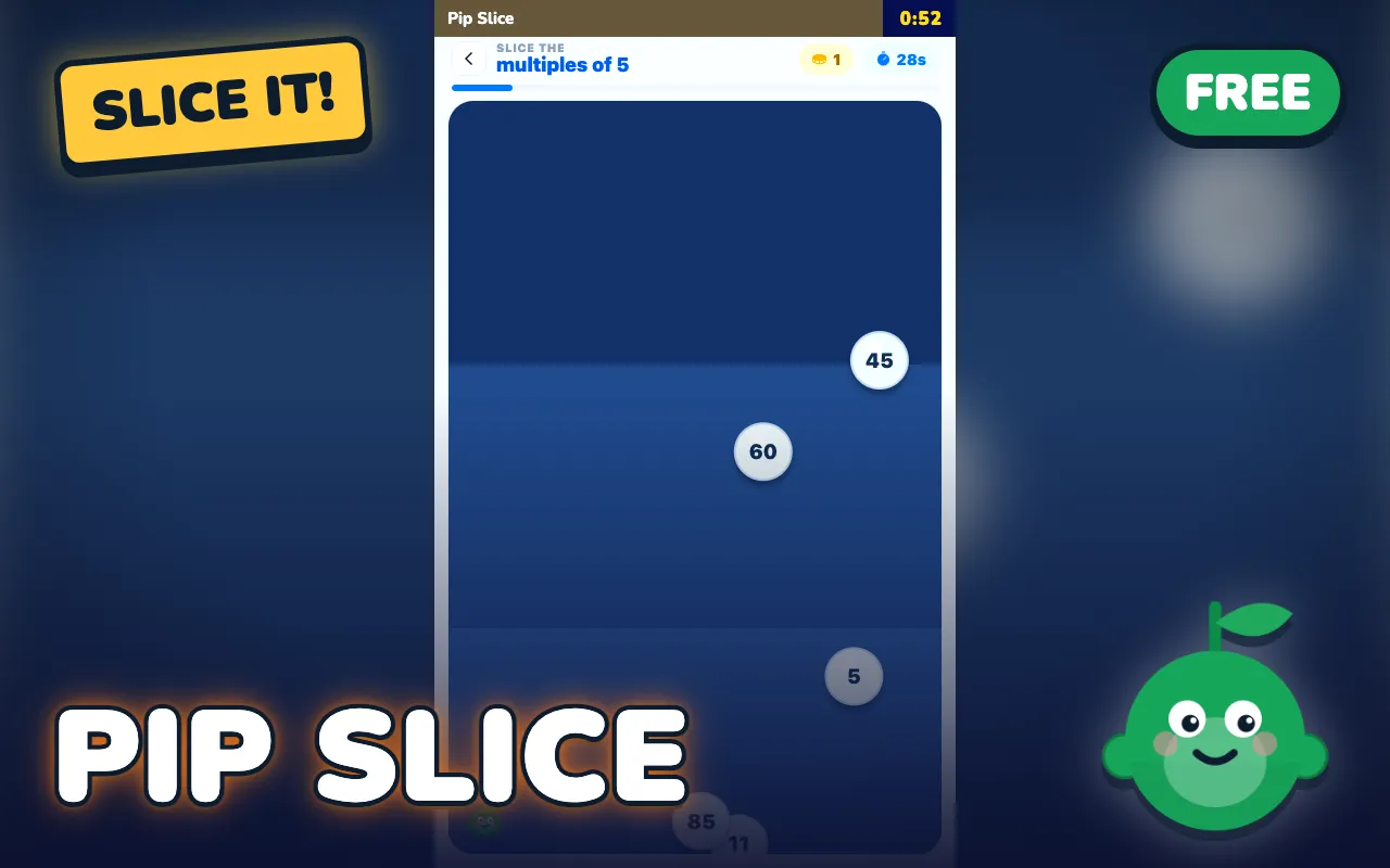 Pip Slice game screen: Swipe through the numbers that fit the rule and skip the rest.