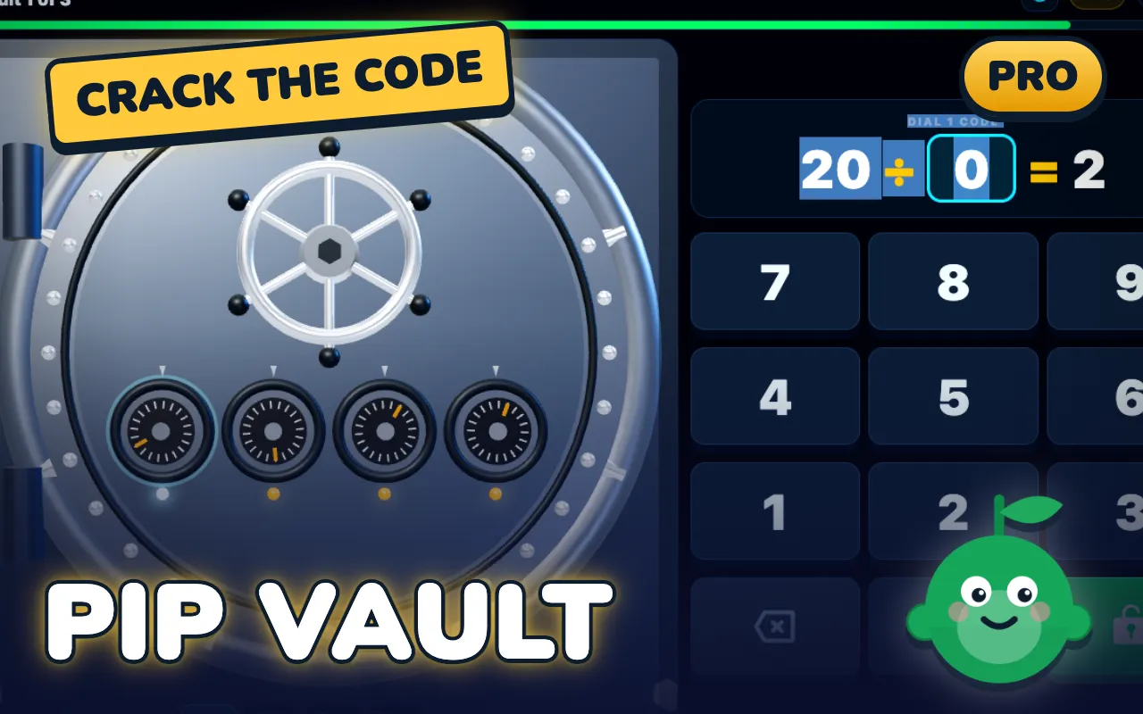 Vault Cracker game screen: Key in each missing number to spin the vault dials home.