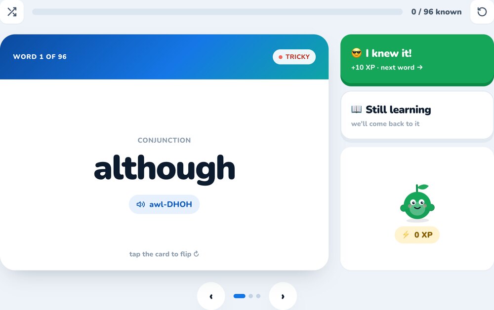 Pip's free 11+ vocabulary flashcards: a flip card showing a word, its meaning and a say-it guide, with progress and XP