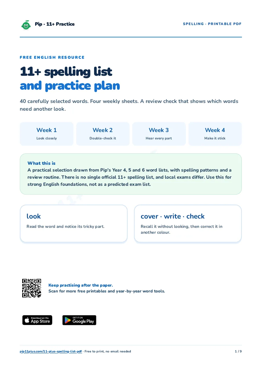 First page of Pip's actual 11+ spelling PDF, showing the four-week practice plan