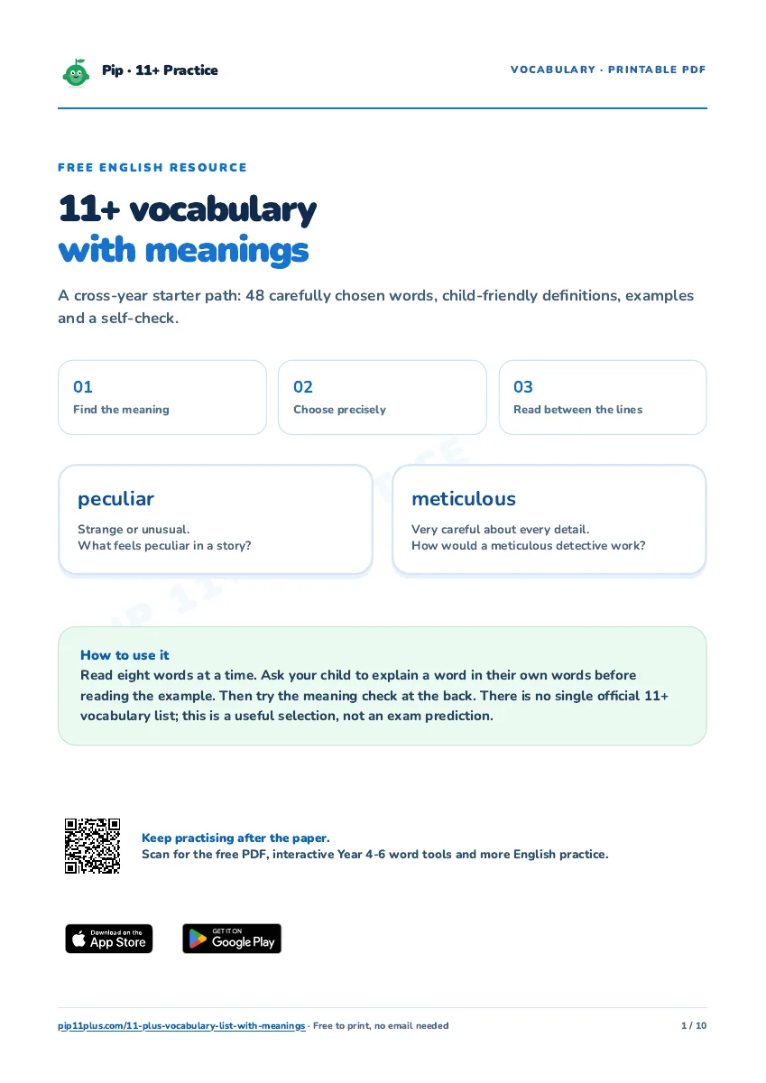 First page of Pip's actual 11+ vocabulary PDF, showing stages, example meanings and a scan code