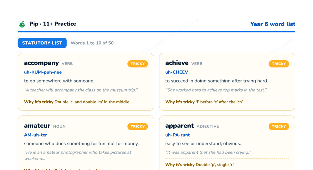 Preview snippet of the free Year 6 spelling and vocabulary list PDF