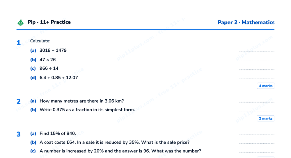 Preview snippet of the free CSSE Essex 11+ style practice paper PDF