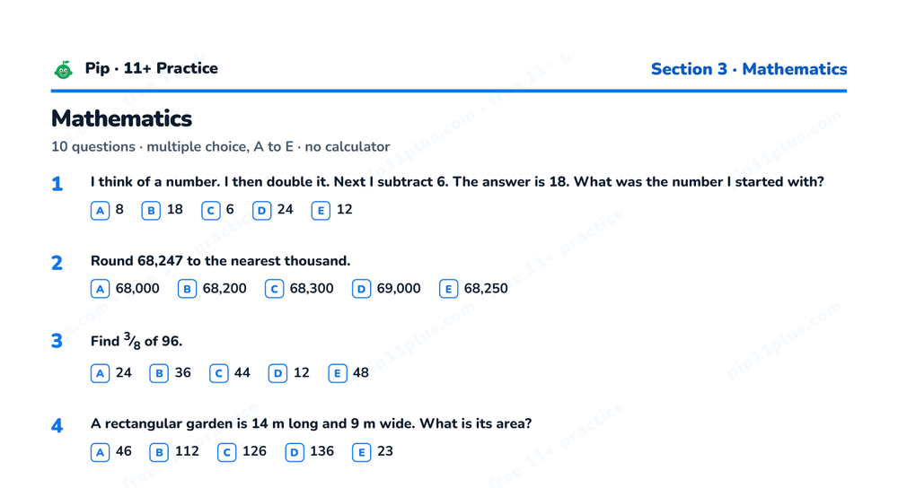 Preview snippet of the free Kent Test 11+ style practice paper PDF