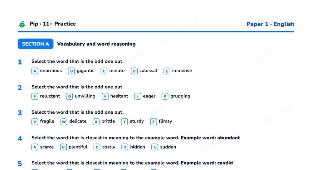 Preview snippet of the free Tiffin 11+ Stage One style practice paper PDF