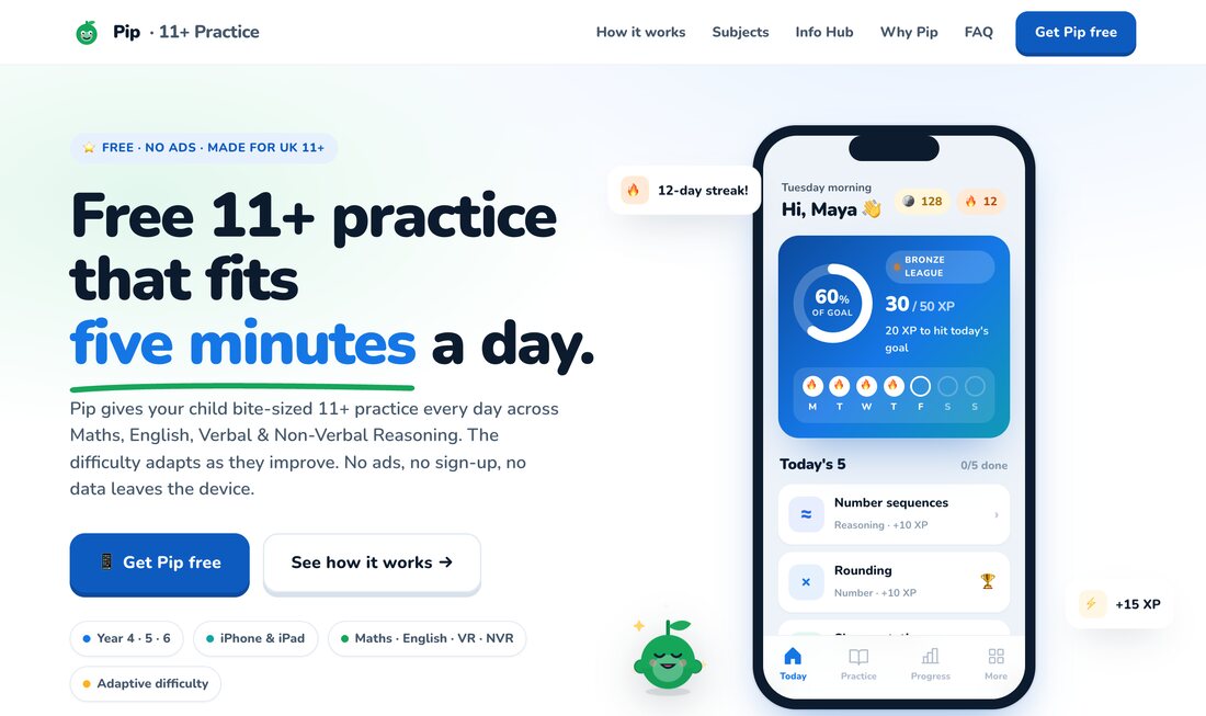 Pip 11+ Practice homepage